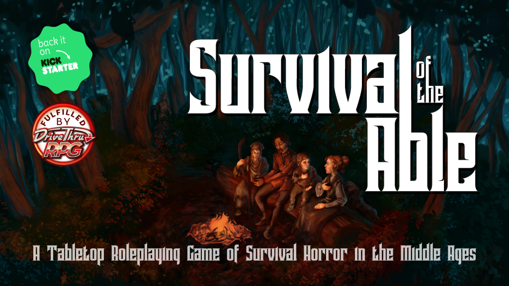 Four characters sit by a campfire, unaware of the zombies lurking behind them. A title reads "Survival of the Able."