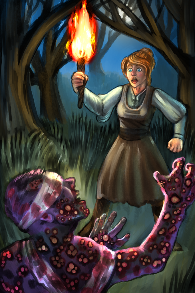 Agnus swings a torch at a zombie.