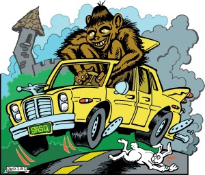Big Foot driving a sedan.