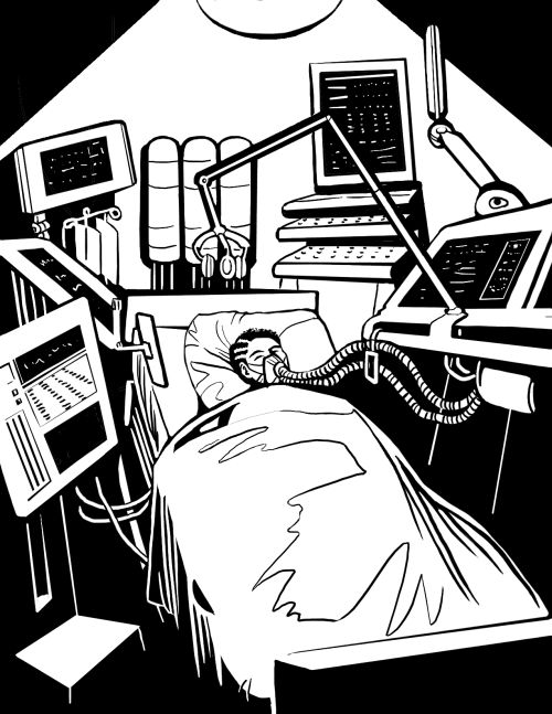 Person recovering in a futuristic hospital