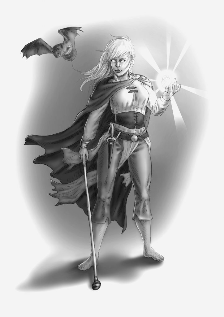 Black and white illustration of a blind orc sorceress and her bat familiar. Illustration by Thomas Carter.