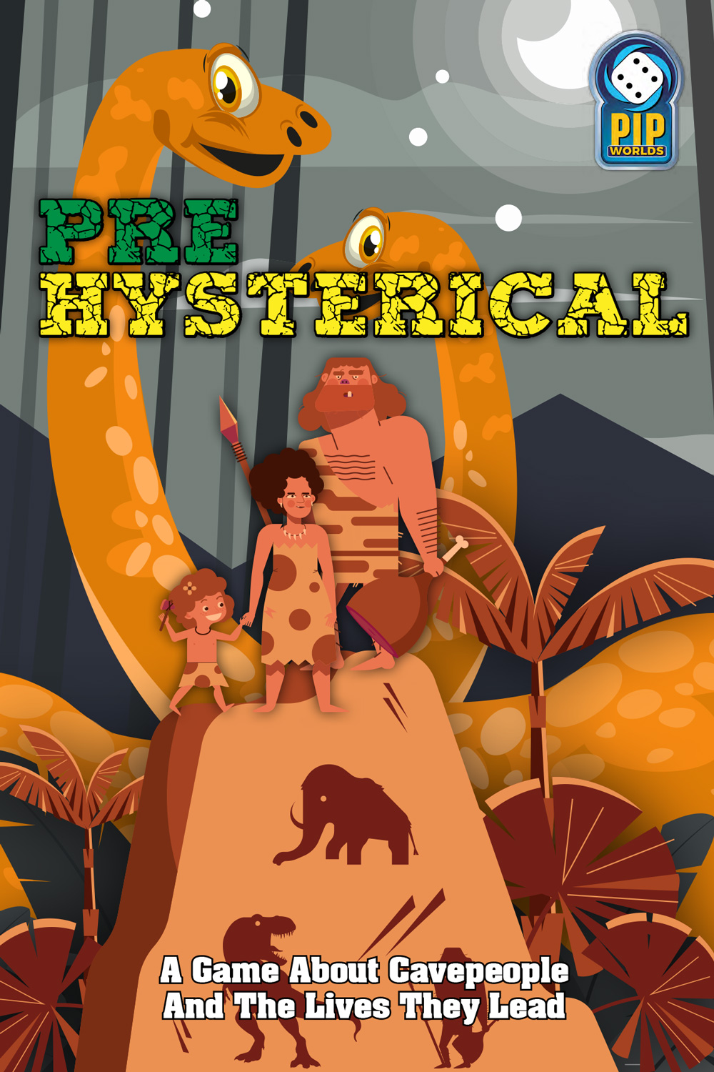 A caveperson family - two parents & a young child - stand on top of a large rock marked with cave paintings while two large dinosaurs smile behind them.