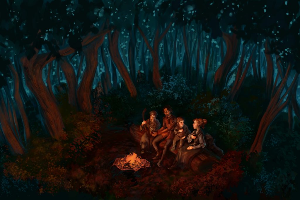 Four weary travelers huddle around a campfire, oblivious to the zombies lurking in the nearby shadows. Two of them discuss food using sign language.