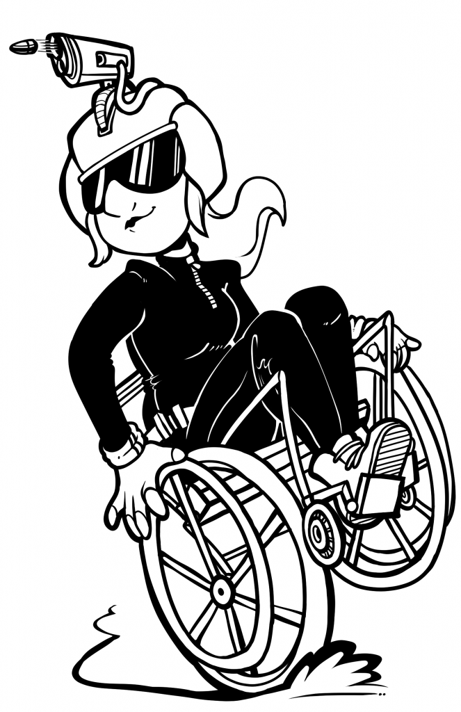 A wheelchair user aims their head-mounted BB cannon, ready for action.